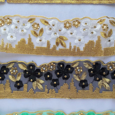 White Tissue Fabric Trim With Embroidered White & Gold Embroidery, Embellished With Beads, Brasso Trim